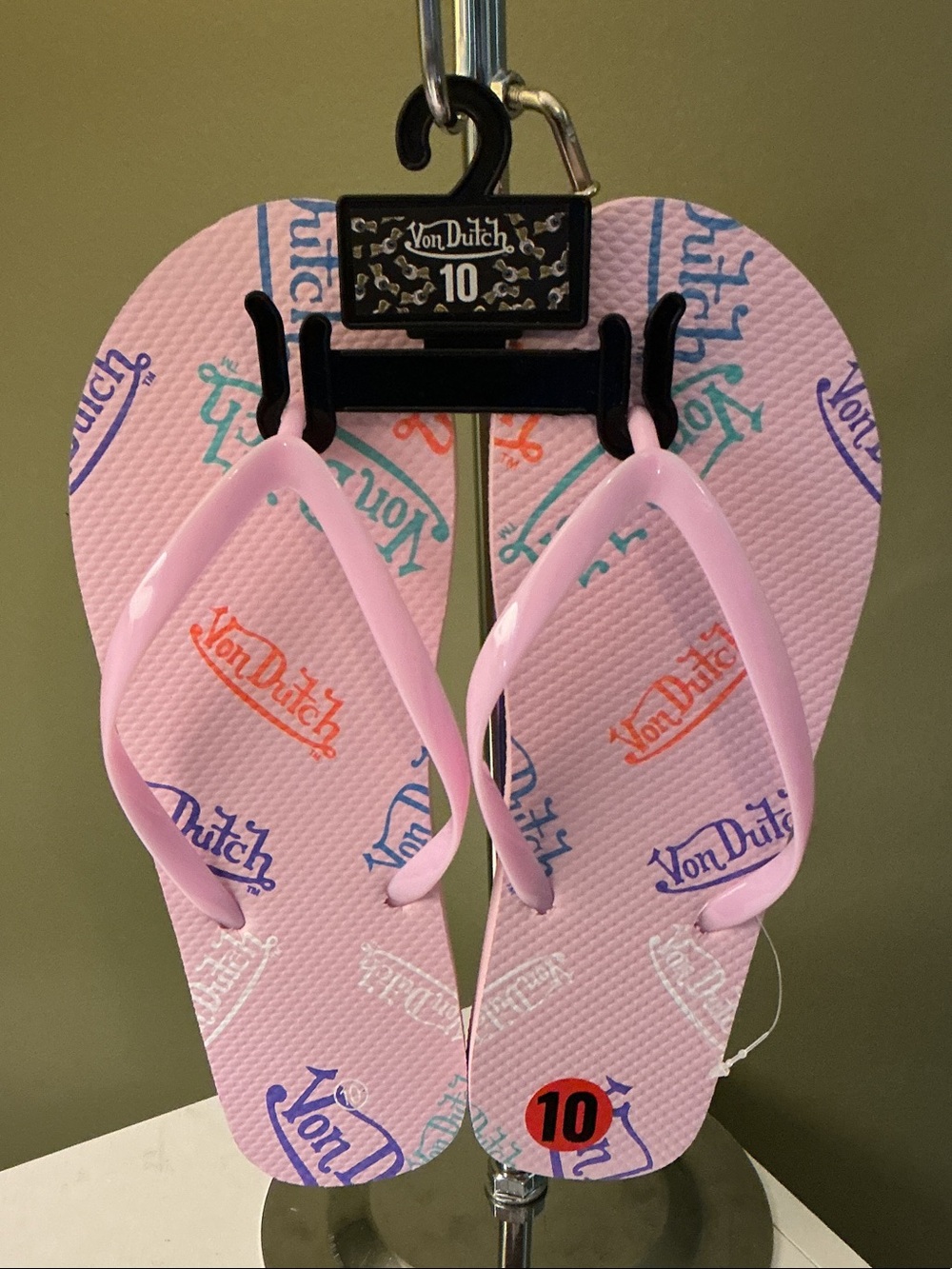 Von Dutch Candy Sz 10 Pink Logo Print Women's Flip Flop Sandals NWT
